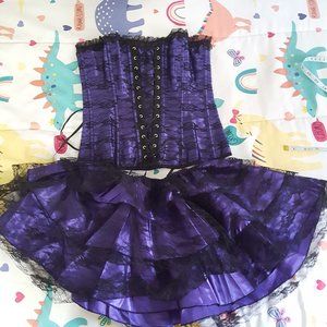 2pcs set black purple satin lace strapless corset bustier top and mini skirt